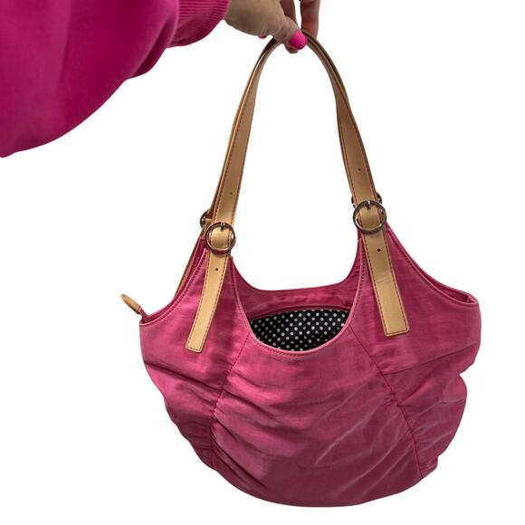 Eprit Handbags - Esprit Pink Nylon Hobo Shoulder Bag Tan Straps Polka Dot Lining Y2K